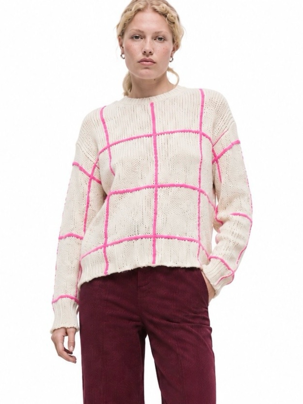 Women's Oversized Mohair Wool Windowpane Sweater Beige and Pink Size XS
